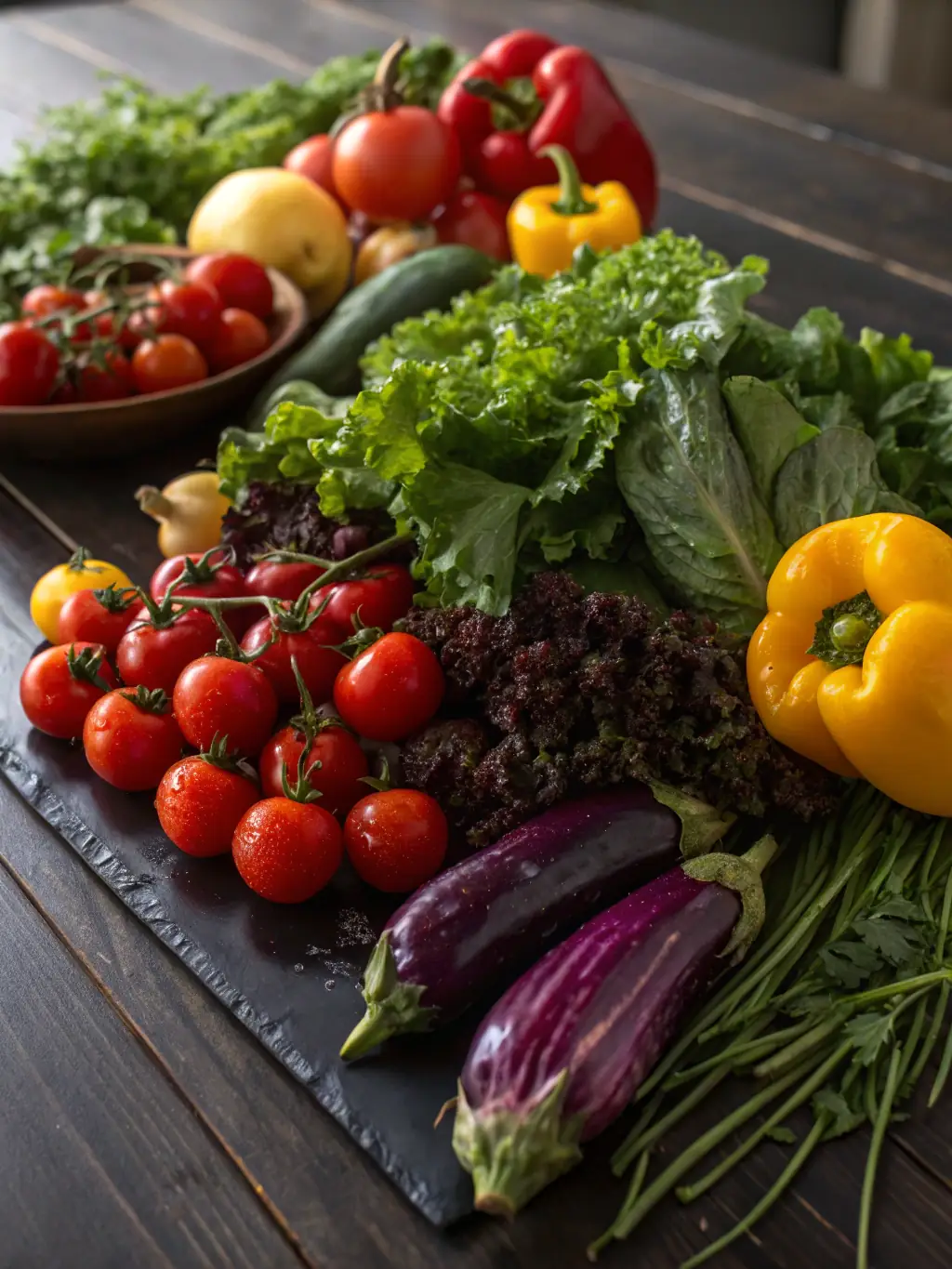 A vibrant photo of a variety of organically grown vegetables and fruits, showcasing the enhanced taste, aroma, and color achieved with Organix Gro.