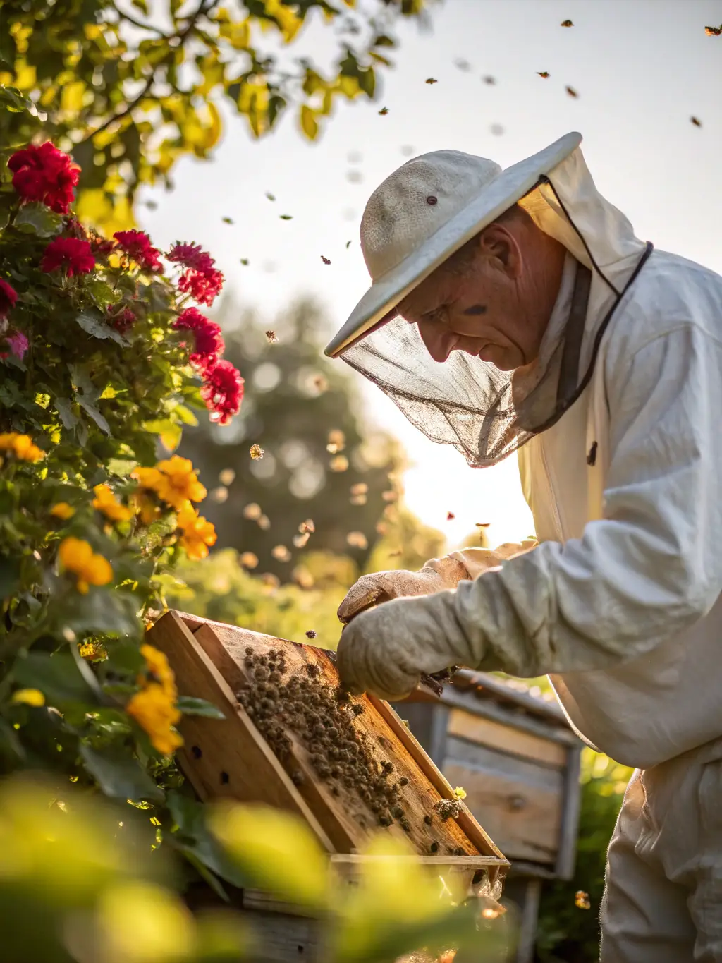 An image depicting bees pollinating flowers in a field treated with Dura Gro, emphasizing its bee-friendly and eco-safe nature.