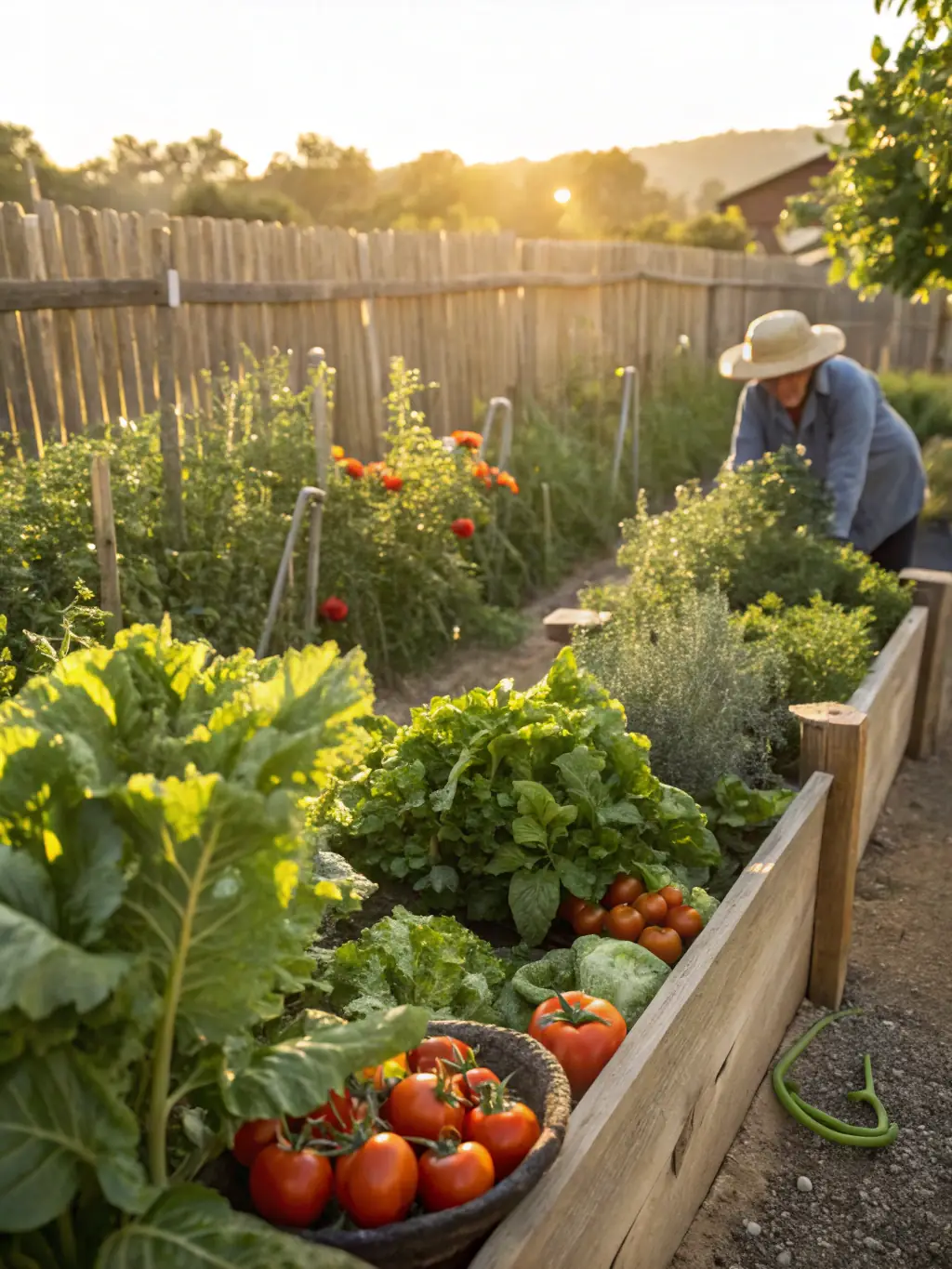 A close-up shot of various vibrant, healthy vegetables (tomatoes, peppers, lettuce) growing in a garden, showcasing the universal use of Dura Gro fertilizer.